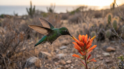 Fototapeta premium Green Hummingbird Hovering and Feeding on Orange Wildflower in Desert Nature. Concept of flying bird, nectar, wildlife, avian, wings, flight, pollination.