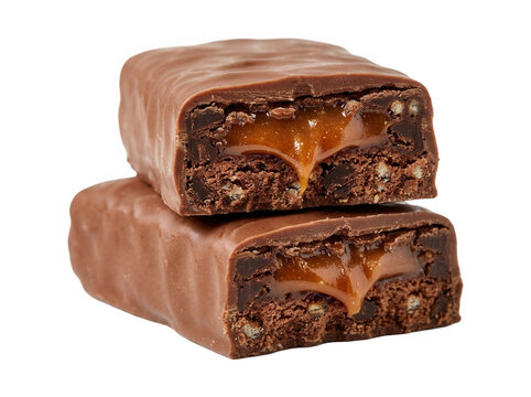 Two chocolate candy bars with caramel filling isolated on transparent background.