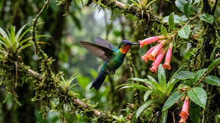 Fototapeta premium Fiery throated hummingbird hovering to drink nectar from pink flowers in cloud forest. Concept of colorful, flying, wildlife, tropical bird, rainforest, nature.