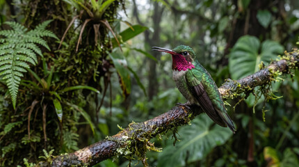 Obraz premium Colorful Hummingbird Perched on a Mossy Branch in Lush Tropical Rainforest Jungle. Concept of bird, wildlife, nature, tropical bird, wildlife photography, animal.