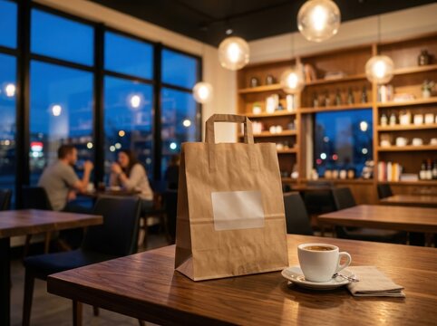 Brown paper bag on a wooden table with a cup of coffee