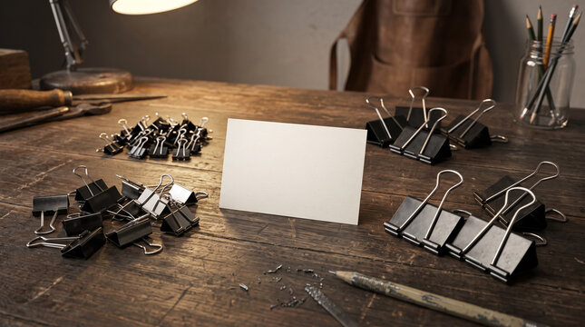 Blank white paper card mockup surrounded by metal binder clips on a rustic wooden workshop table. Concept of sorted, size, around, blank note card, office supplies. Copy space.