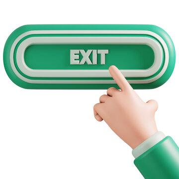 Green exit button clicked by hand 3D rendering for website user interface