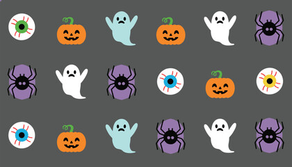 Fototapeta premium Fun Halloween pattern illustration featuring a repetitive arrangement of cute ghost icons, orange pumpkins, spiders, and eyeballs on a dark grey background.