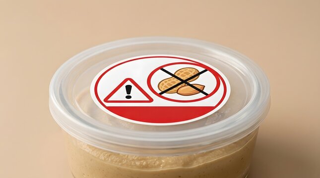 A plastic container sits on a flat surface. The lid features a warning label that clearly states no peanuts. The label includes a graphic and caution symbol