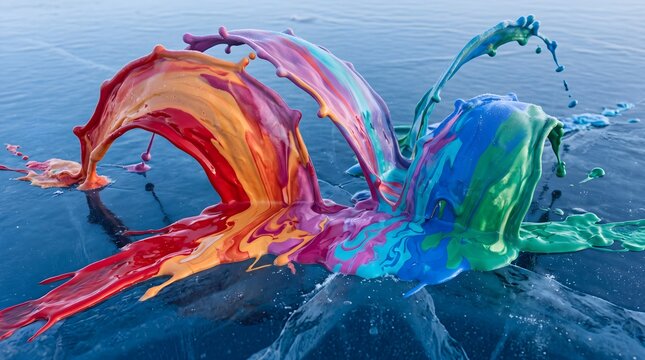 Dynamic rainbow paint splash frozen on blue ice surface in close up