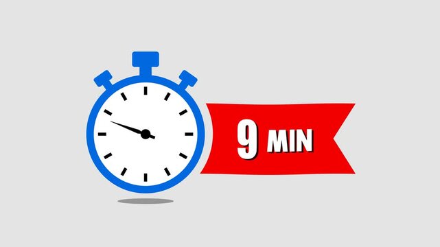 9 Min arrow clock icon animation on transparent background with alpha channel. Timer 9 minutes countdown clock with circular arrow. Analog stopwatch 9 min countdown animation.