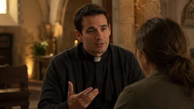 Catholic priest calmly speaking and offering spiritual counseling to parishioner in church interior. Concept of confession, clergy, pastor, clergyman, pastoral care.