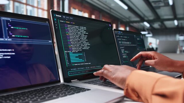 Software Developer Works Carefully On Laptop