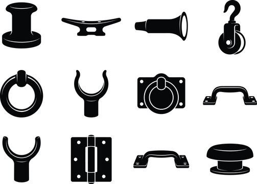 Nautical marine hardware icons, 12 boat deck equipment vector silhouettes, black metal ship fittings and yacht parts set