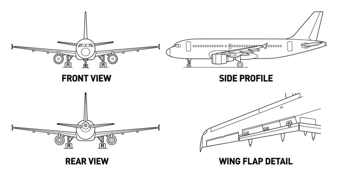 Airplane front side rear view and wing flap detail isolated on white background for aviation design.