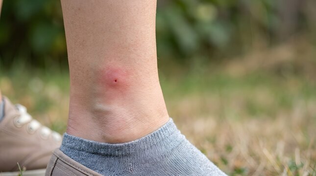 A person shows a red swollen bite mark on their ankle while standing in a grassy area. The scene appears to be outdoors, likely during warm weather