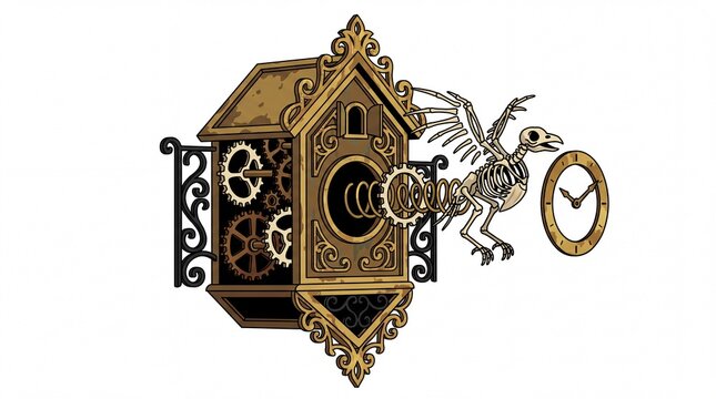Steampunk cuckoo clock illustration with skeleton bird and gears