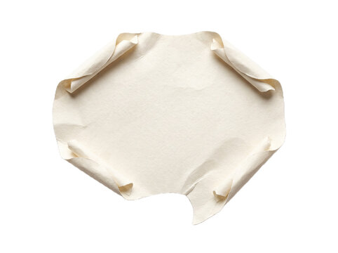 A textured offwhite parchment paper sheet with curled edges isolated on a white background transparent background