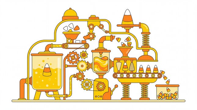 Flat vector illustration of a whimsical candy corn factory machine with gears and conveyor belts
