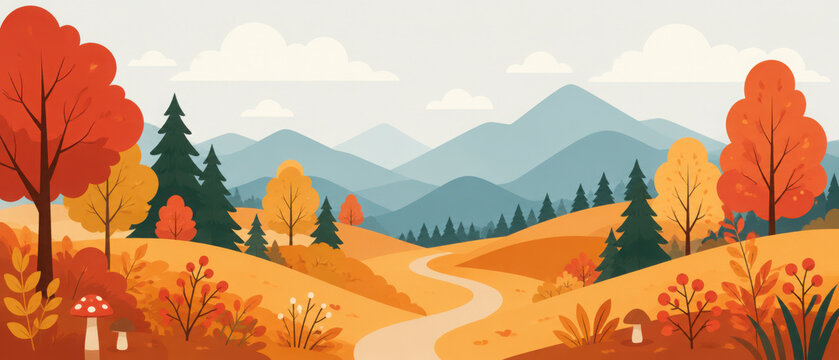 Autumn landscape with trees, mountains, fields, leaves. Countryside landscape. Autumn background. Vector illustration