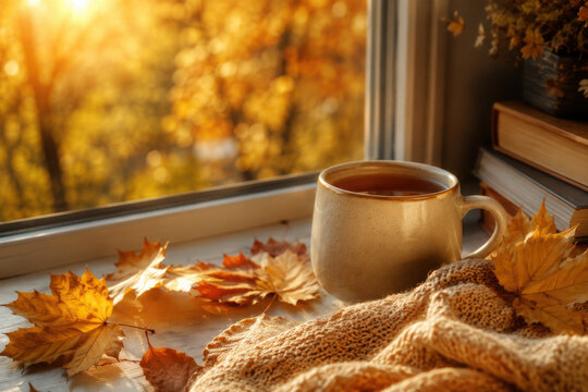 Cup of aromatic tea with warm plaid and autumn leaves on windowsill