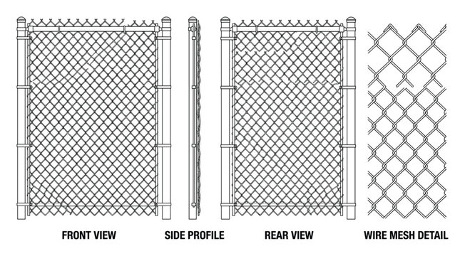 Chain link fence gate detailed front side and rear views with wire mesh illustration.