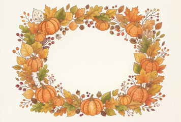 Fototapeta premium Hand drawn of an autumn harvest wreath featuring orange pumpkins, colorful fall leaves, acorns, and berries on a cream background