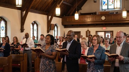 Obraz premium Diverse congregation singing hymns together in a traditional church service