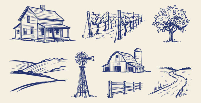 Blue hand-drawn icon set of rural countryside elements including farmhouse, vineyard, and windmill