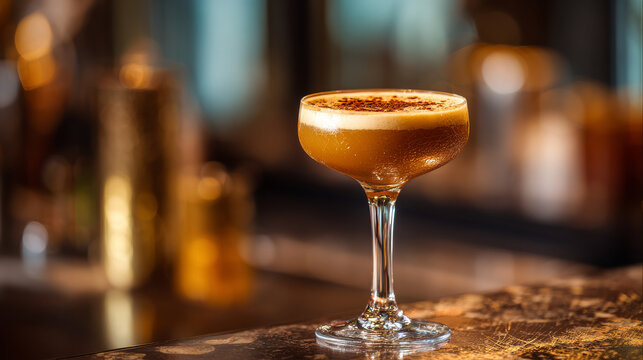 a golden cocktail on a table a bar, in ocre, gold, chocolate brown colored blurry background
