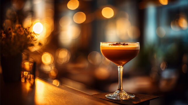 a golden cocktail on a table a bar, in ocre, gold, chocolate brown colored blurry background