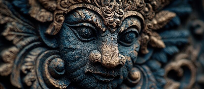 Balinese statue face close-up.