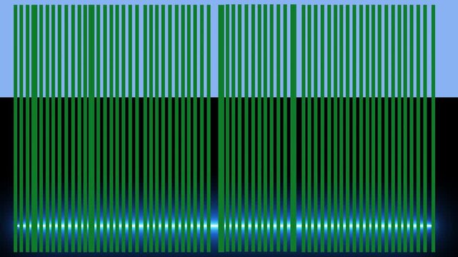 Abstract digital scanner light beam effect with vertical green lines on a dark background motion