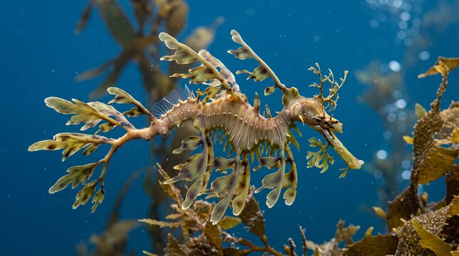 Leafy Sea Dragon Swimming Among Seaweed in Blue Ocean