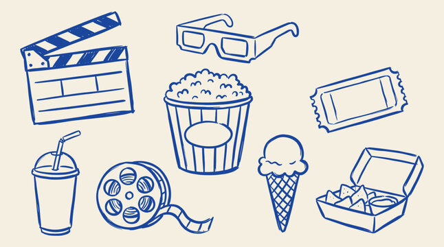 Hand drawn blue outline cinema and movie elements set on a light background