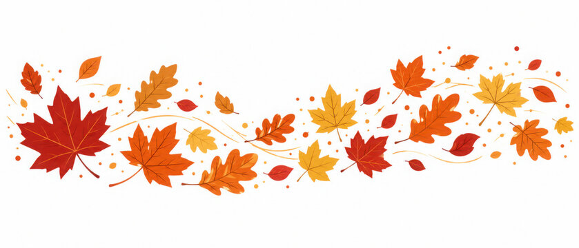 Various autumn leaves in the wind on white background. Wave of falling leaves. Hand drawn vector illustration.