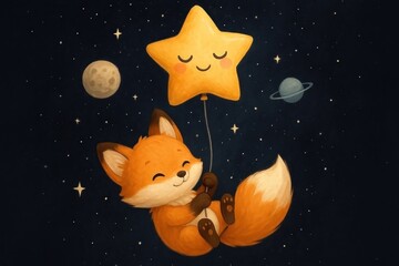 Fototapeta premium Cute fox holding star balloon.