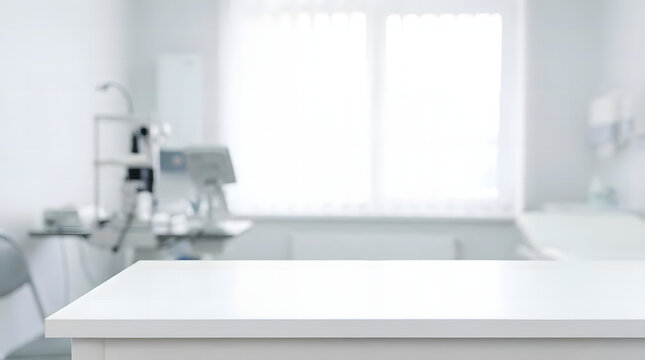 Blurred medical office background with white desk in foreground.