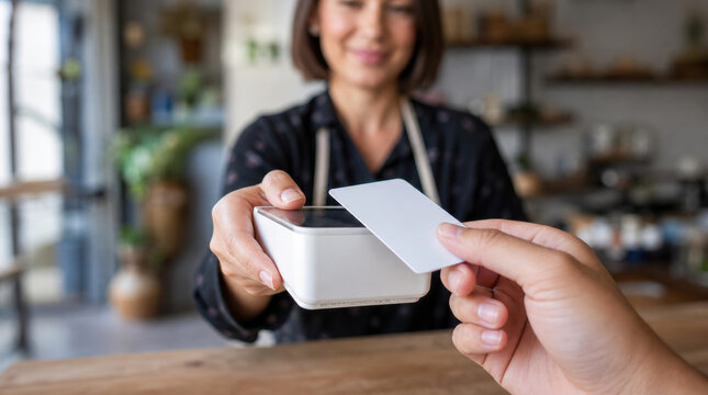 Small business owner holding mobile card reader while customer presents payment card indoors