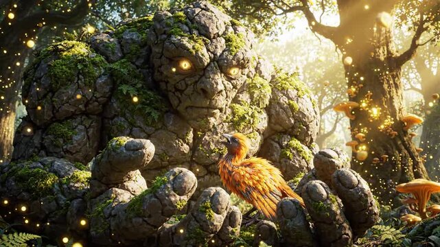 Mythical Stone Giant Protector with Bird in Enchanted Forest