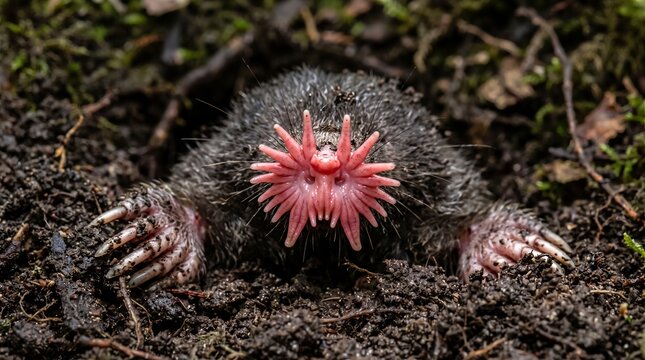 Star-nosed mole emerging from dark soil close-up