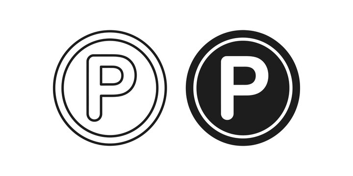 Parking zone sign flat icon set with outline and solid black vector design.