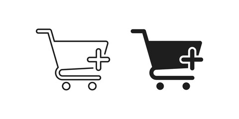 Shopping cart linear and solid black icons ecommerce retail add symbols. © SAJID