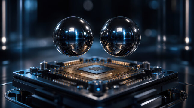 Metallic sphere quantum processor polished metal suspended sphere technology concept blue light circuit board futuristic laboratory