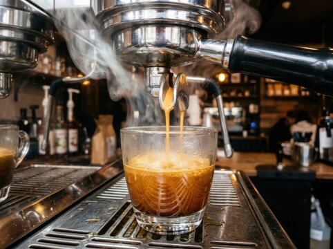 espresso pouring into a clear glass cup