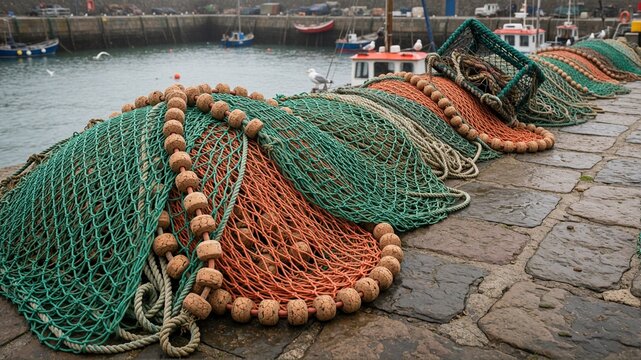 Colorful fishing nets stacked on harbor pier with boats