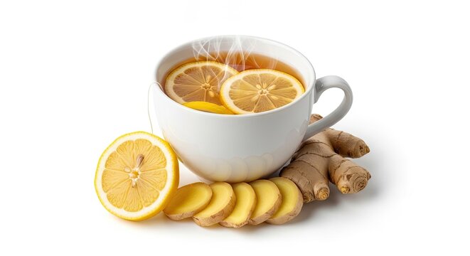 A white ceramic cup filled with steaming ginger tea contains lemon slices. Fresh ginger root rests beside the cup, with additional lemon slices scattered around.