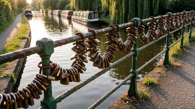 Love padlocks on a canal bridge railing at sunset