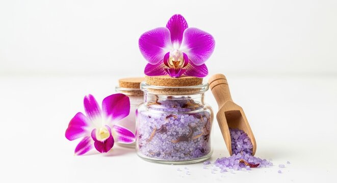 A glass jar filled with purple sea salt sits on a white surface. Two orchid flowers, one purple and one white, rest beside the jar.