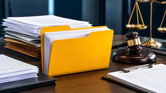 Yellow file folder with documents and wooden gavel on a desk. Concept of legal administration and corporate compliance.