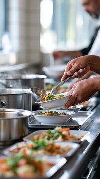 Cropped view of kitchen staff hands ladling warm stew into bowls on a stainless steel counter bright modern shelter kitchen clean tiled walls large steam pots trays of fresh meals lined