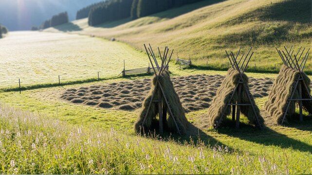 Traditional Hay Racks on Sunny Alpine Meadow in Summer