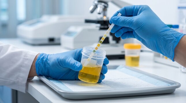 Urine Dipstick Test and Urinalysis &mdash; Clean Clinical Laboratory Background with Copy Space