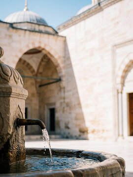 Traditional Islamic Fountain for Ablution with Mosque Background
